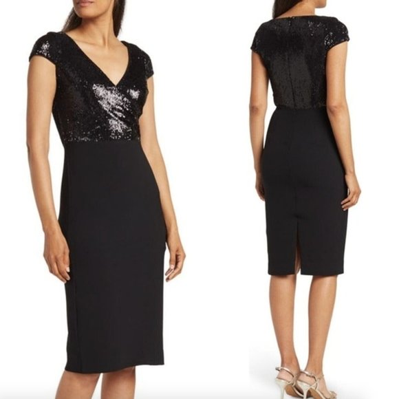 DRESS THE POPULATION JALEAH SEQUIN SURPLICE V-NECK CAP SLEEVE BLACK DRESS M - Picture 1 of 1